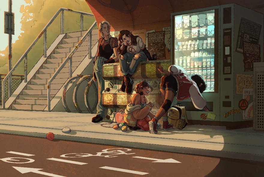 A comic book style illustration of a group of people at a food vending machine on a street.