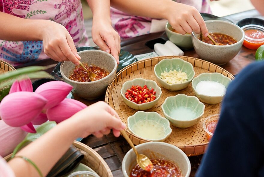 Children's hands spooning sauce from bowls of ingredients.