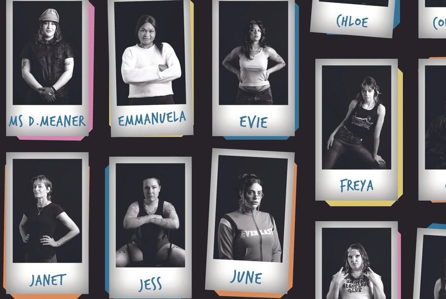 A collage of black and white polaroid-style portraits of several people, with their names written below each photo.