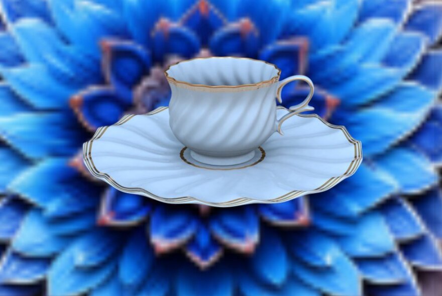 Cup and saucer floating over a blue flower.