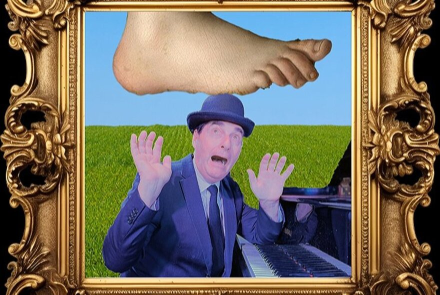 An ornate gold frame with a photo of a man at a piano in a bowler hat with his hands up and scared as a giant Monty Python foot is about to stomp on his head.