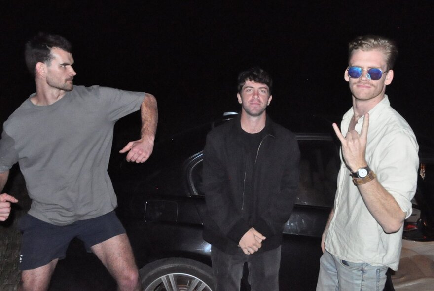 Three men posing, wearing casual shirts, one with arms bent, the other making a devil symbol.