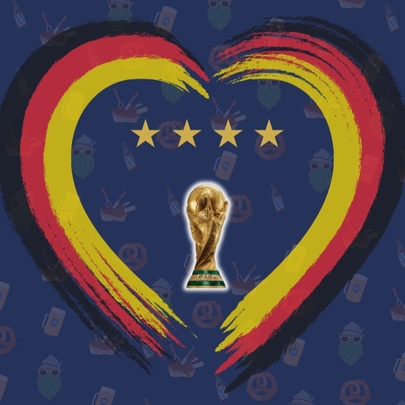 A heart shape formed out of Germany-coloured stripes, with the FIFA World Cup trophy inside it and four gold stars.