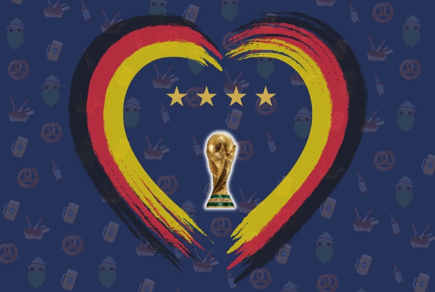 A heart shape formed out of Germany-coloured stripes, with the FIFA World Cup trophy inside it and four gold stars.