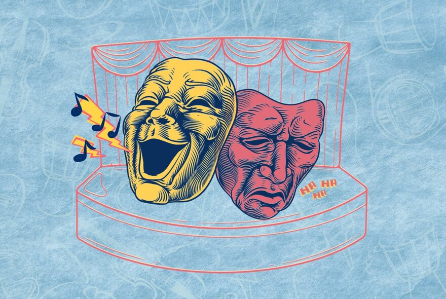 Illustration of two theatrical face masks, the yellow one singing and and the pink one with a sad expression, set against a blue background.