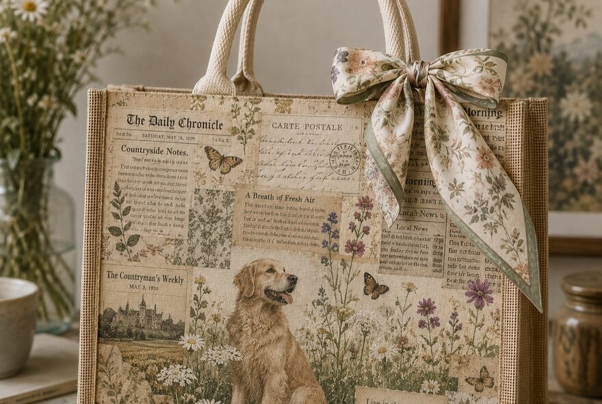 A tote bag decorated with butterflies, a dog and newspaper cut-outs using decoupage techniques
