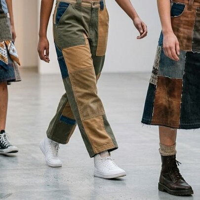 The lower half of three people modelling upcycled patchwork trousers and skirts on a runway.