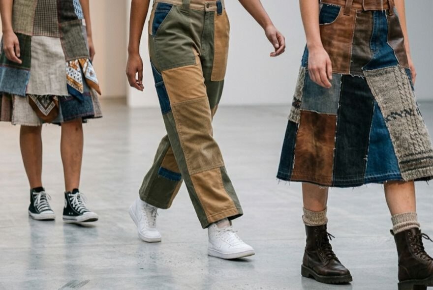 The lower half of three people modelling upcycled patchwork trousers and skirts on a runway.