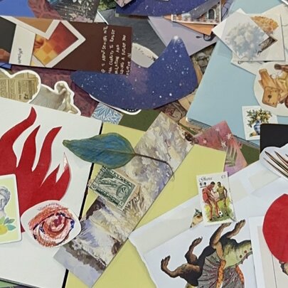Collection of collage materials including pictures, feathers and leaves.