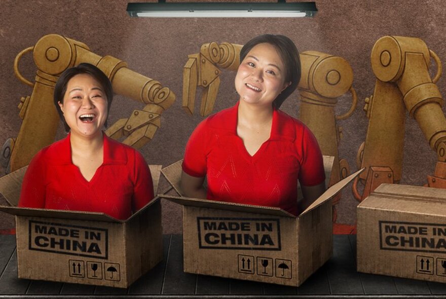 Comedian He Huang, her torso and head popping out of a box with a 'Made in China' stamp.