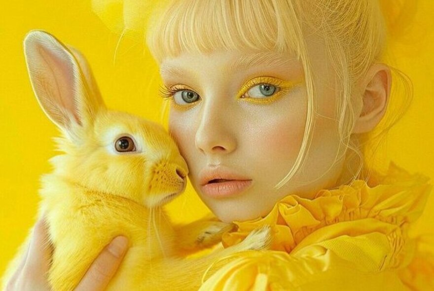 A person dressed in yellow, holding a small yellow bunny close to their face, the entire image drenched with a yellow filter. 