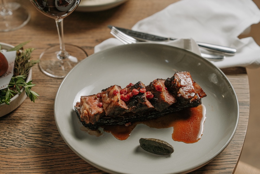 A plate with roasted meat sliced and arranged in a line, drizzled in sauce with a garnish.