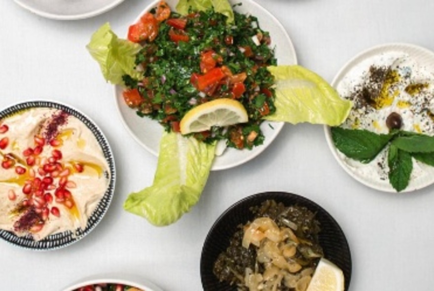 A selection of Lebanese/Italian fusion dishes displayed on a white surface, seen from above.