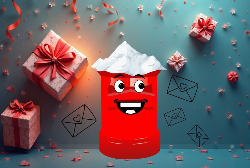 An animated red post box, with a smiling mouth and eyes, surrounded by floating gift boxes against a blue background.