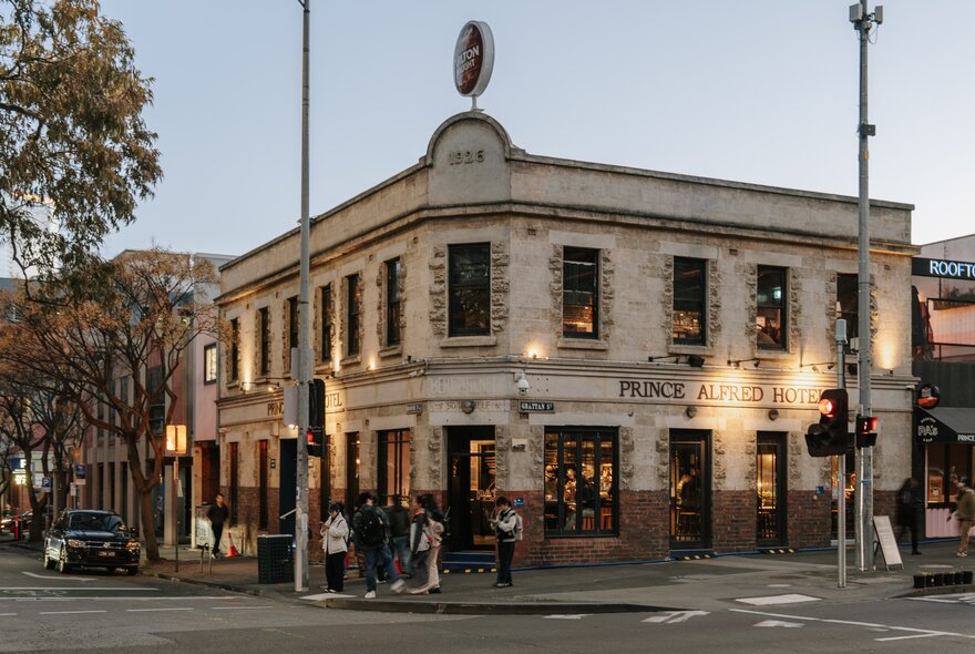 The Prince Alfred Hotel at dusk.