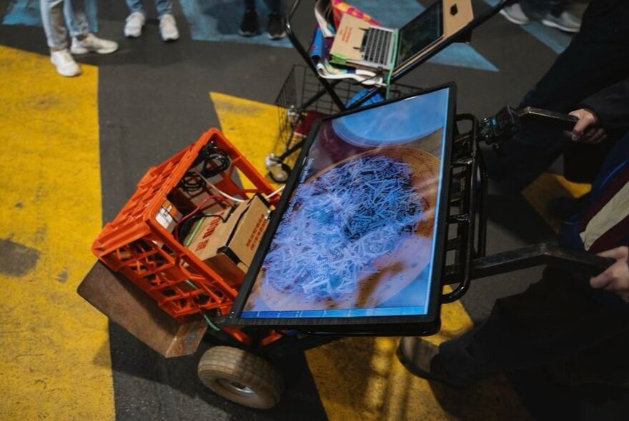 A video screen propped in a packing case in a market setting.