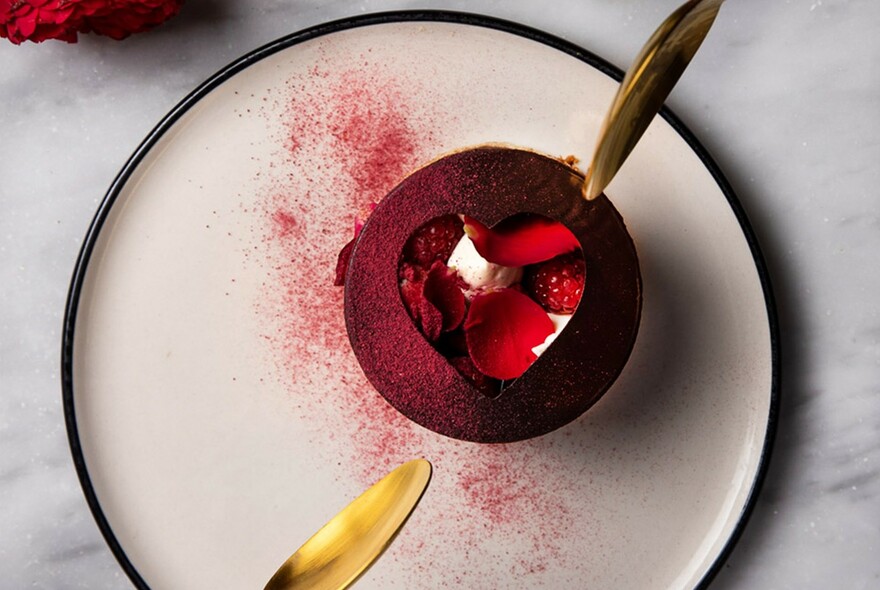 Cocoa-dusted dessert in a cup on black-rimmed white place, with golden spoon sticking out.