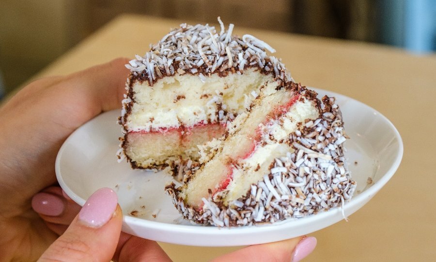 A lamington on a plate