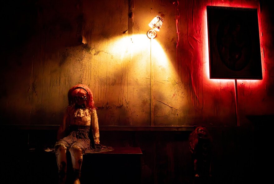 A doll-like figure sitting on a bench with a light cast on her from the left side.