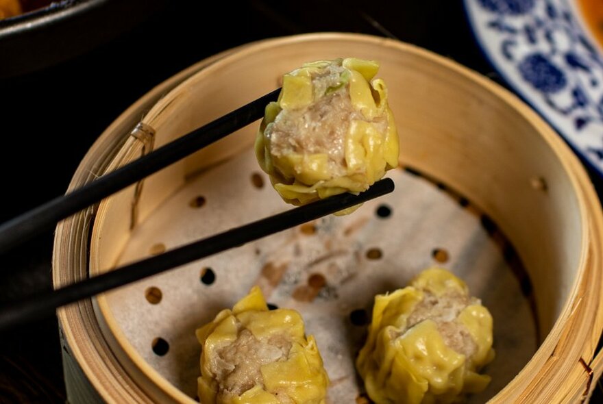 Chopsticks lifting one dumpling from bamboo steamer.