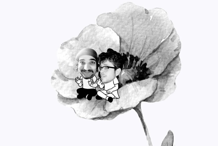 A black and white watercolour painting of a flower, with two cartoon people drawn over the top as though they're sitting in the flower.