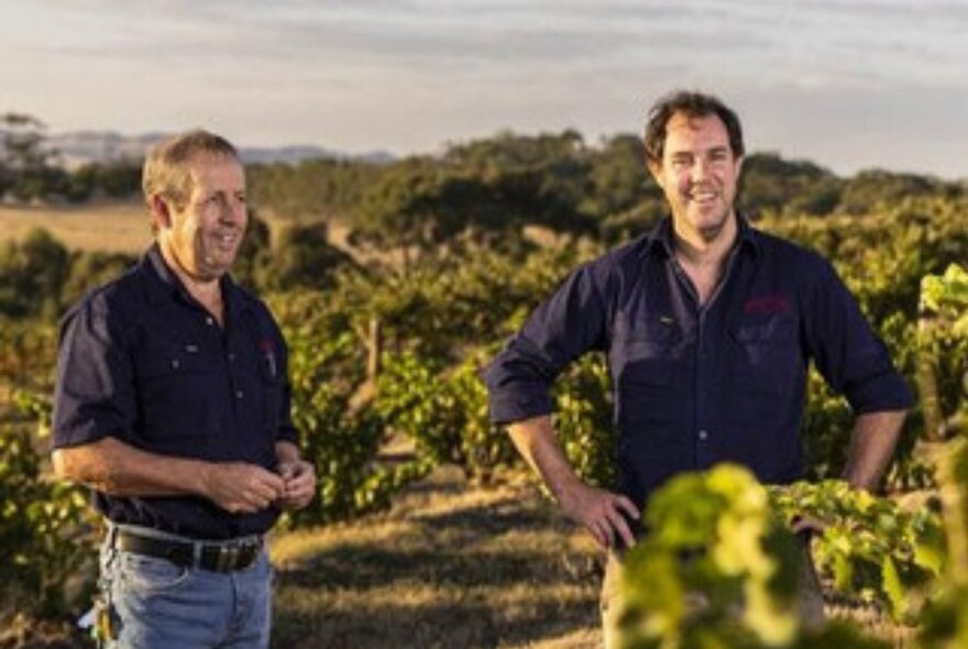 Two men standing outdoors in a vineyard.