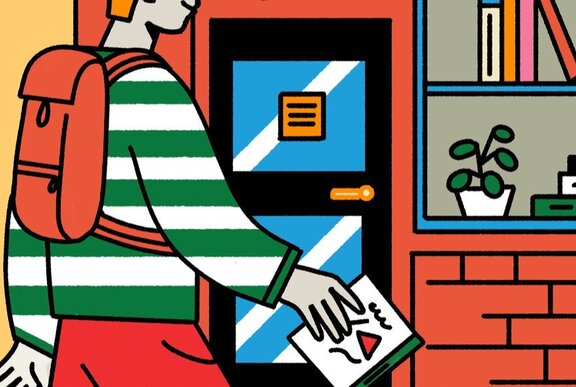 Illustration of a person with a red backpack and a green and white striped shirt holding a piece of paper near the entrance to a bookshop.