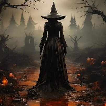 Artwork featuring the back of a witch in a tall hat walking through a misty hollow surrounded by lanterns all glowing orange. 