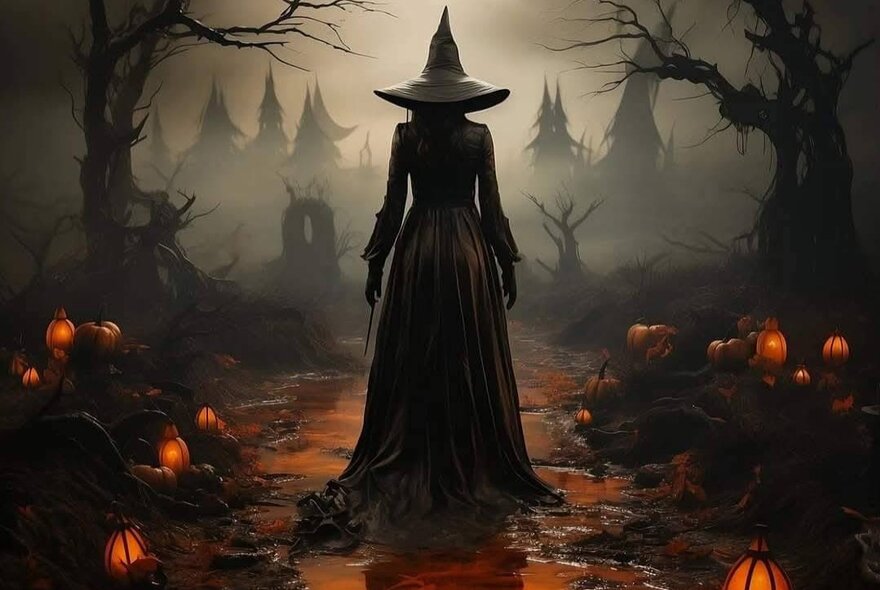 Artwork featuring the back of a witch in a tall hat walking through a misty hollow surrounded by lanterns all glowing orange. 