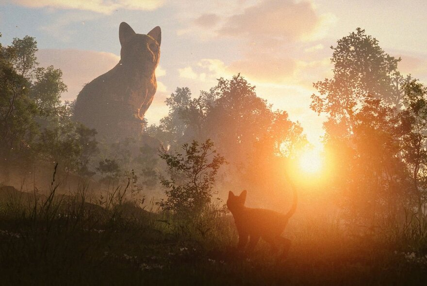 Landscape with sun rising overshadowed by large cat.