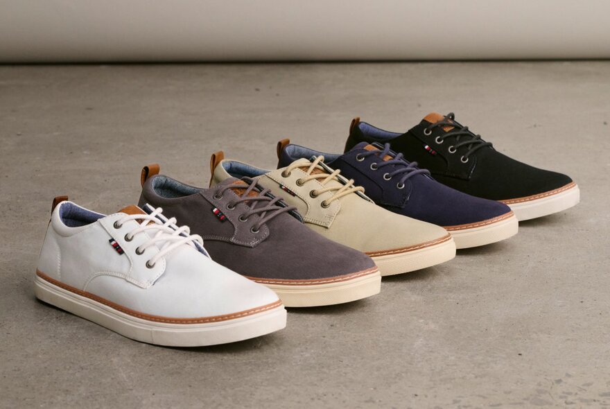 A line-up of five sneakers, all different colours of the same model. 