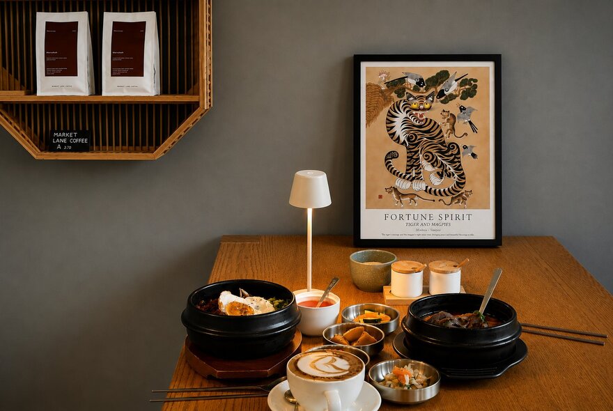 A wooden table in a restaurant with an array of dishes, a cup of coffee, a small table lamp, and an artwork resting against the wall.
