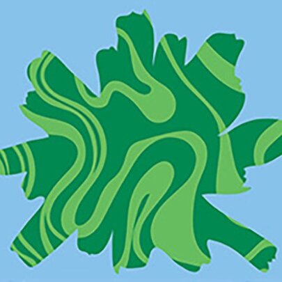 A two-toned green abstract shape on a blue background. 