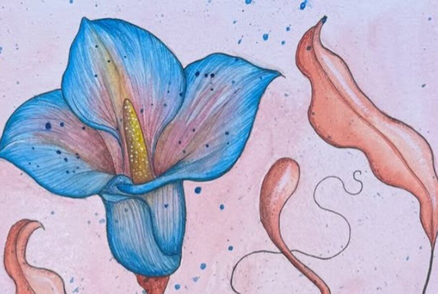 Tattoo-like artwork of a blue lily.