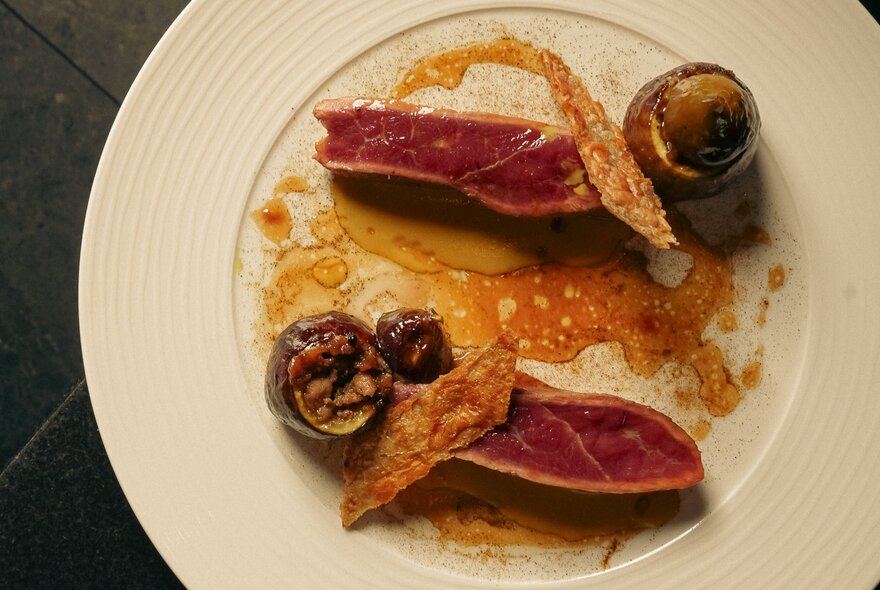 Overhead view of a duck fillets served with sauce on a white plate.