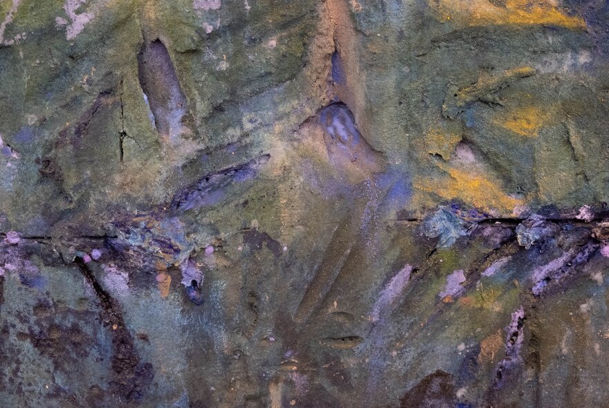 Detail of abstract artwork made from oyster shells in purple shades.
