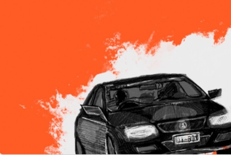 A black and white illustration of an early 90s model car in front of a white cloud of smoke on a red background.