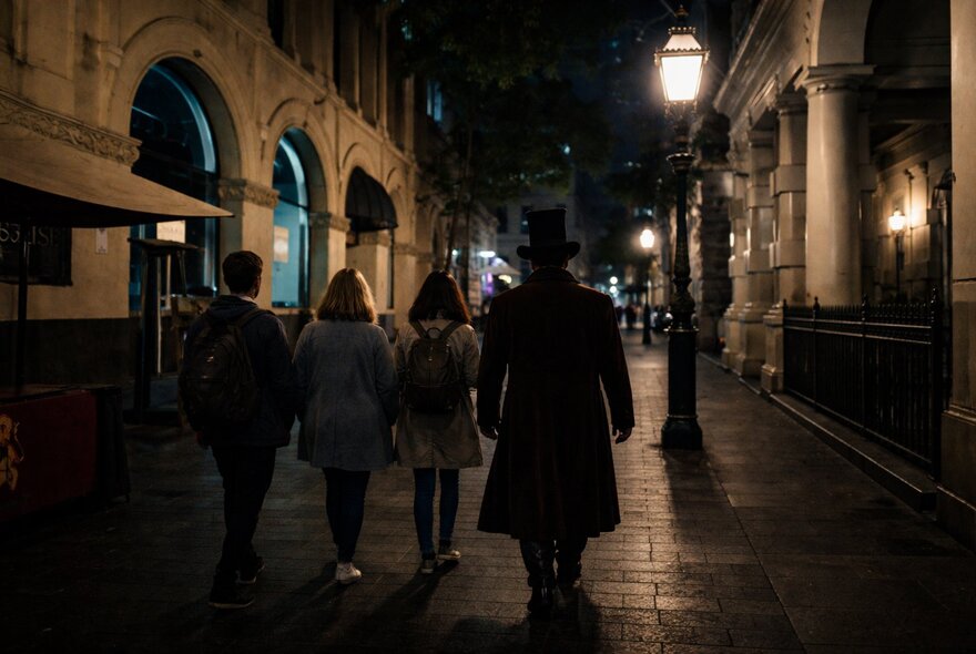 People walking along a dark lamplit laneway at night.