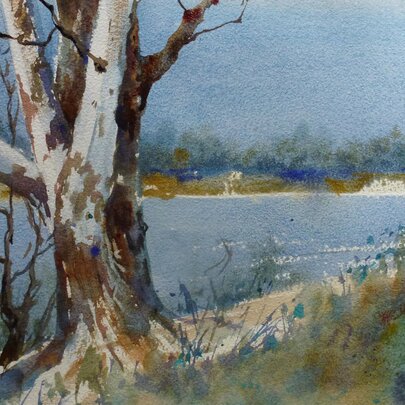 An Australian landscape watercolour painting by Maxine Wade, of a large gum tree by a body of water, in muted shades of green, blue, tan and cream. 