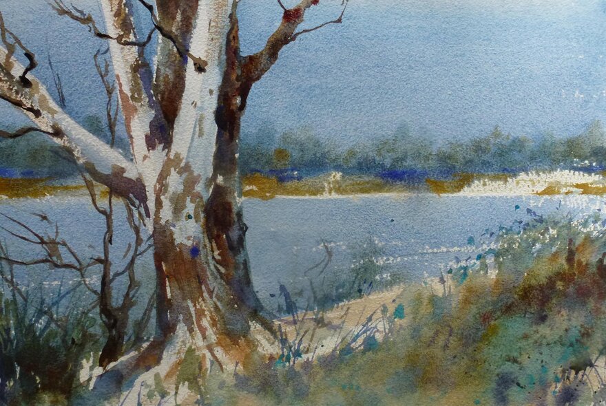 An Australian landscape watercolour painting by Maxine Wade, of a large gum tree by a body of water, in muted shades of green, blue, tan and cream. 