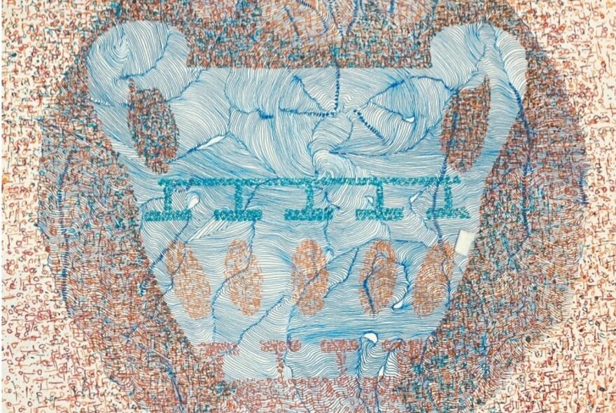 A drawing of a Grecian urn in pale blue shades, on a dappled stone like background.