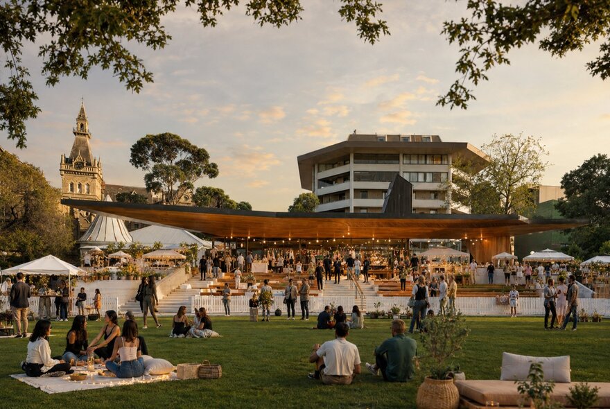 Architectural rendering of a modern outdoor pavilion with a curved wooden roof on a university lawn with people picnicking.