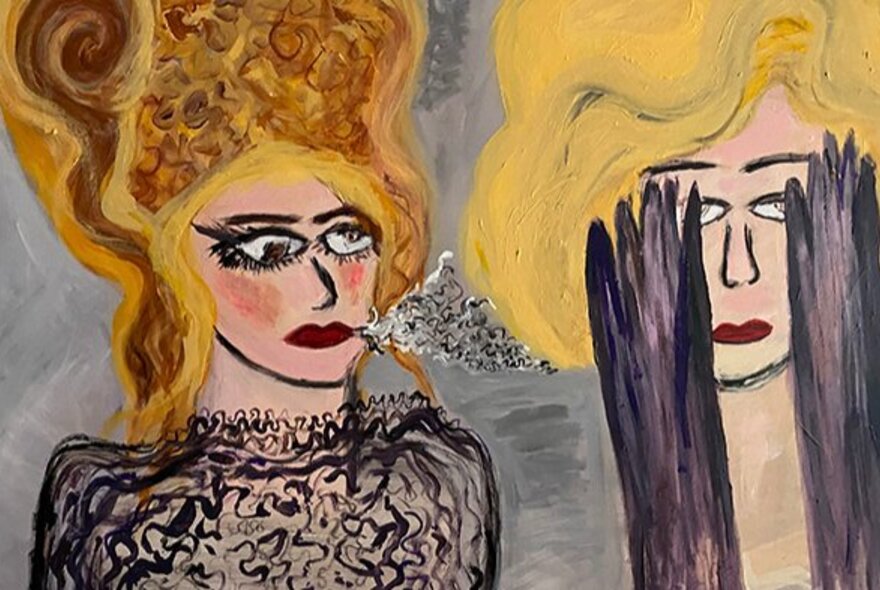 A painted artwork depicting one woman with a beehive hairdo exhaling smoke, and another woman holding gloved hands in front of her face.
