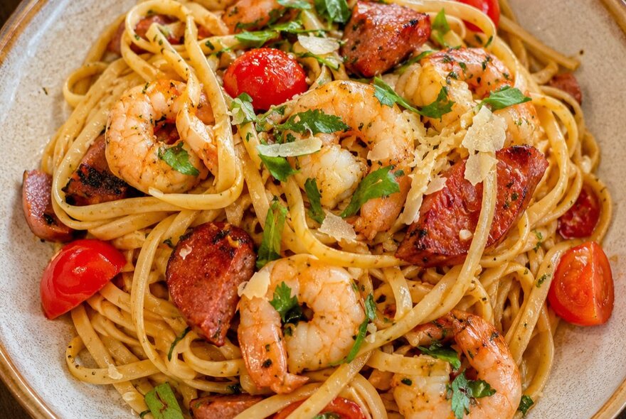 A bowl of pasta with prawns and cherry tomatoes. 