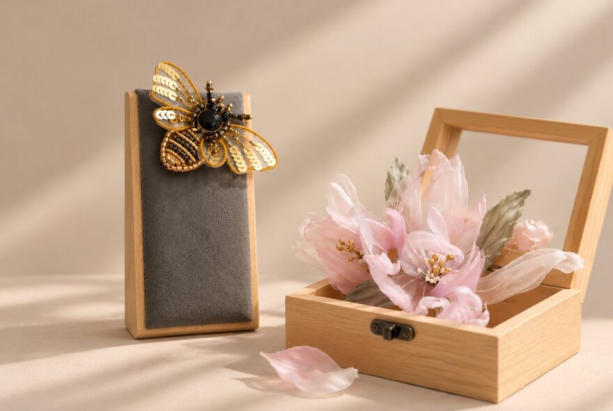 Wooden display cases showcasing an embroidered bee and a delicate hand-made flower.