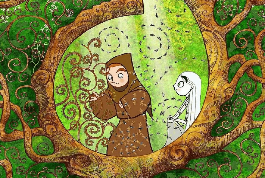 An illustration from the animated film The Secret of Kells showing a young monk and a white spirit girl standing within a circular frame of tree branches, surrounded by lush green foliage and swirling patterns.