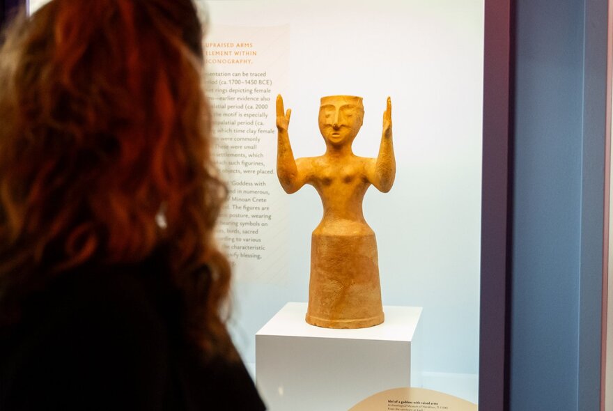A person looking at a small statue on display in a glass case in a museum.