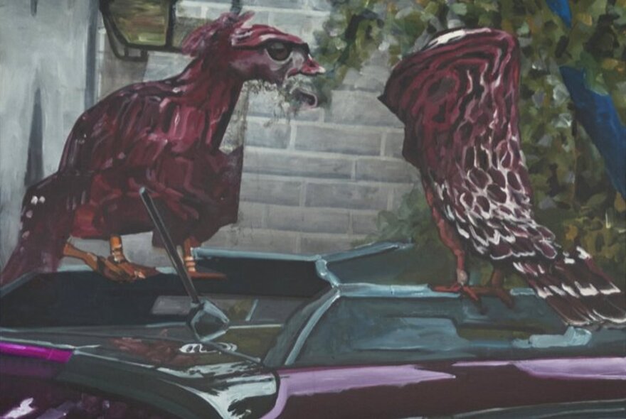 Digital artwork of birds on the roof of a purple car.