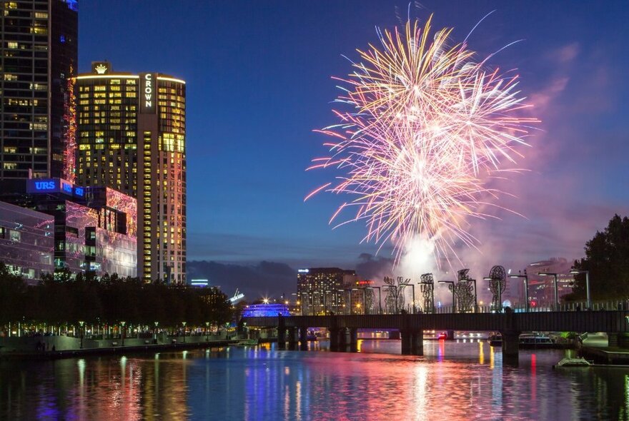 Fireworks with the Melbourne skyline and Yarra River. 