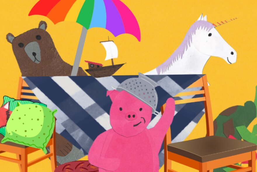 Collage artwork of animals with furniture.